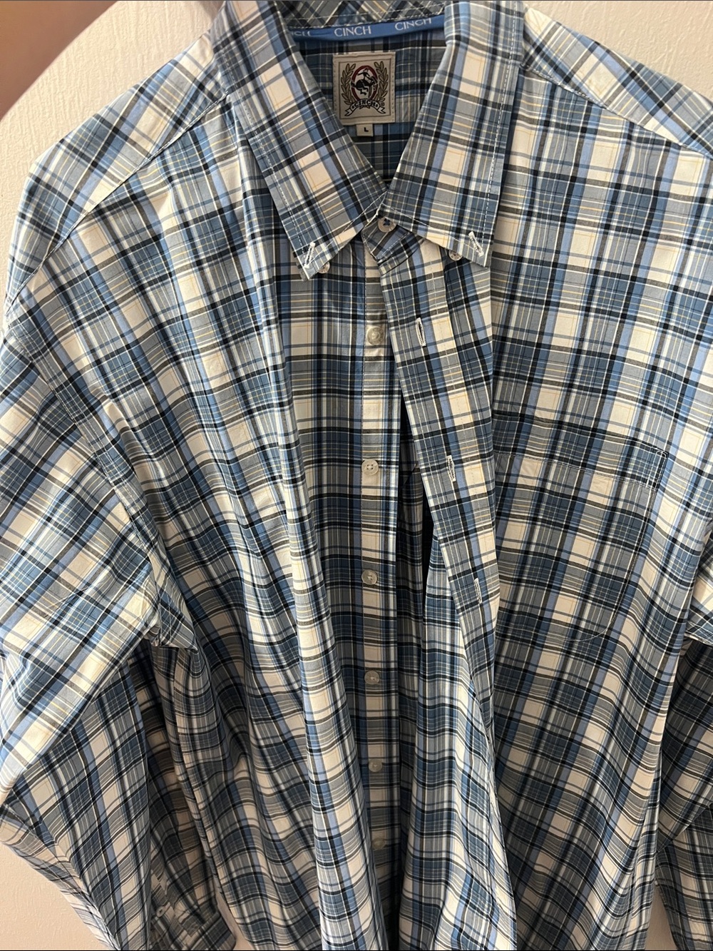Cinch Men's Light Blue and White Plaid Button-Down Shirt